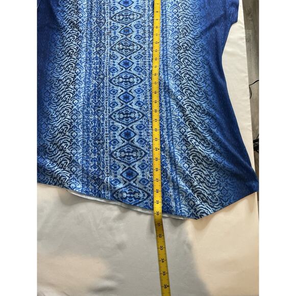 Chico's Women's Blue Ikat Boho Top Size 2 Large Festival Embellished Art To Wear - Picture 9 of 9
